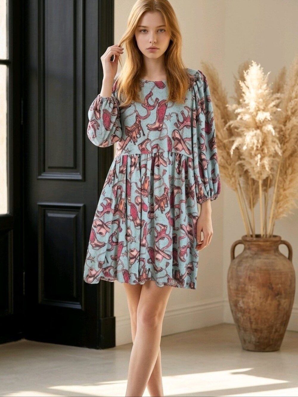 Women’s Midi Cowgirl Print Dress - Teal & Pink Small EASEL